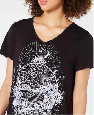 Camiseta feminina com estampa gráfica e bainha em lenço, estilo &amp; co, preta, tamanho médio
