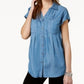 Blusa plissada com mangas e punhos feminina Style &amp; Co, azul, tamanho XX-G