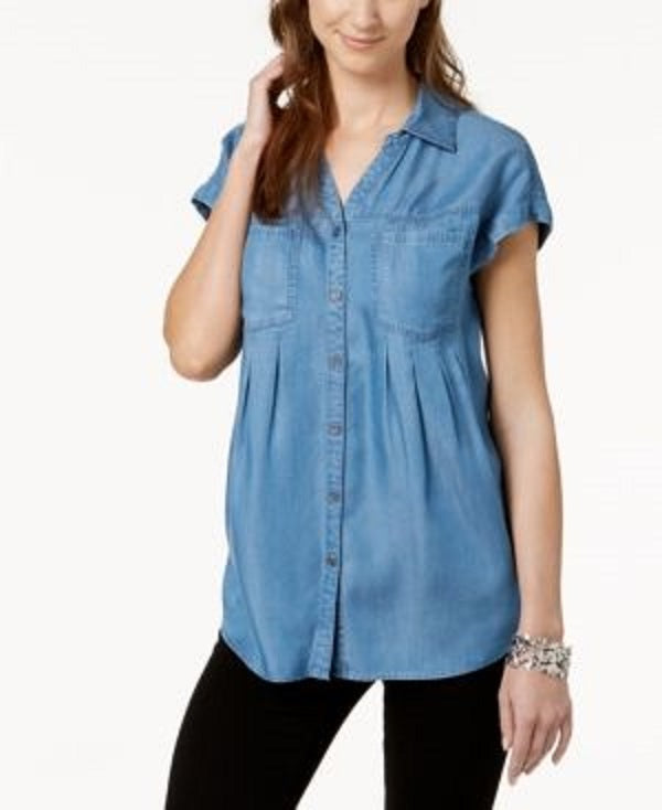 Blusa plissada com mangas e punhos feminina Style &amp; Co, azul, tamanho XX-G