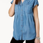 Blusa plissada com mangas e punhos feminina Style &amp; Co, azul, tamanho XX-G