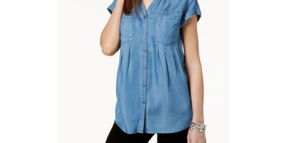 Blusa plissada com mangas e punhos feminina Style &amp; Co, azul, tamanho XX-G