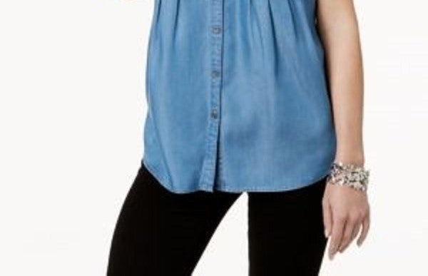 Blusa plissada com mangas e punhos feminina Style &amp; Co, azul, tamanho XX-G
