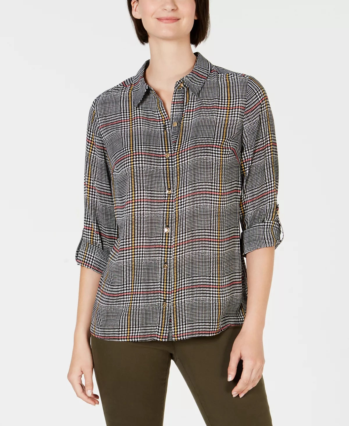 Camisa feminina Charter Club de manga comprida com estampa pied-de-poule e botões, preta, tamanho extragrande