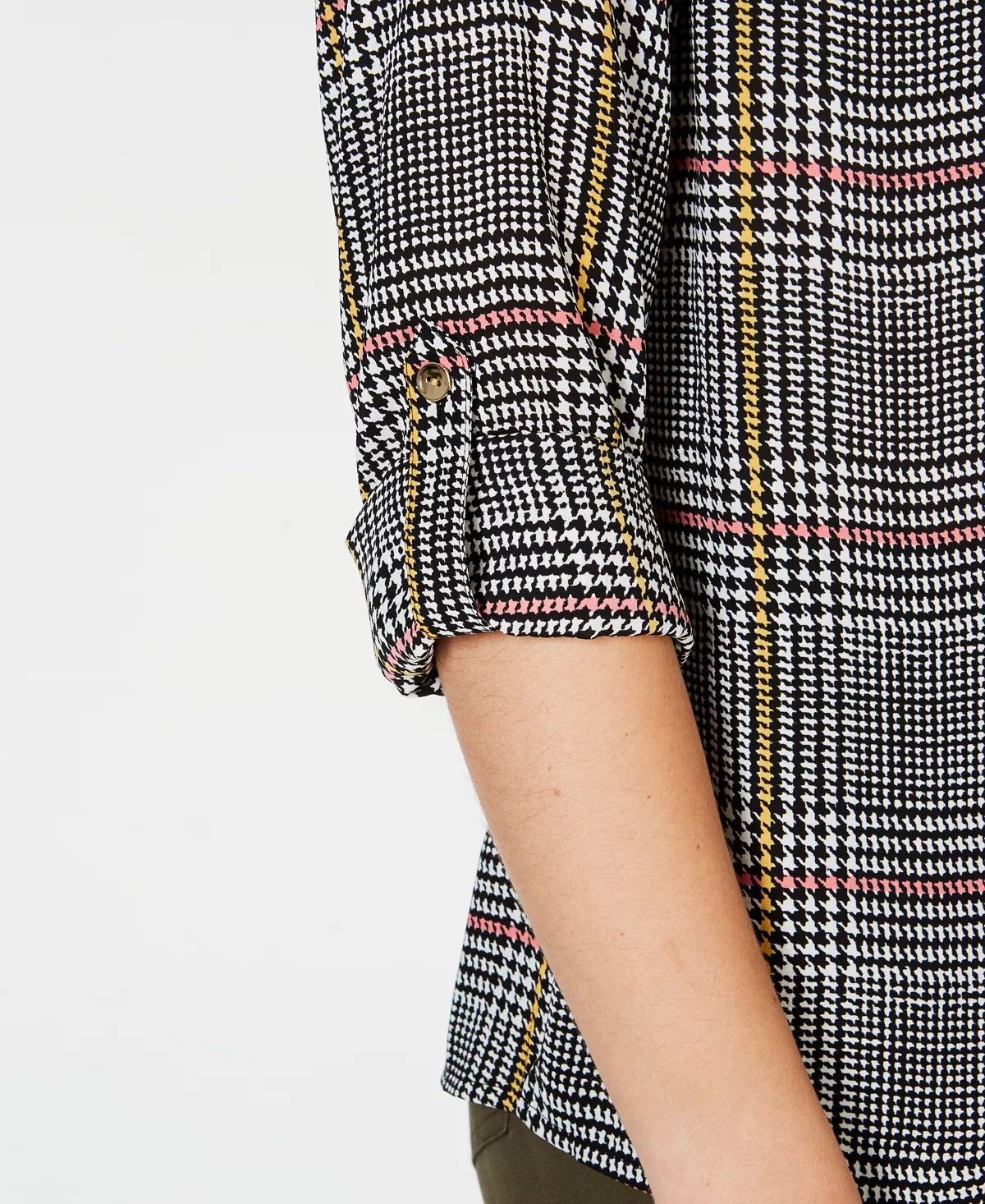 Camisa feminina Charter Club de manga comprida com estampa pied-de-poule e botões, preta, tamanho extragrande