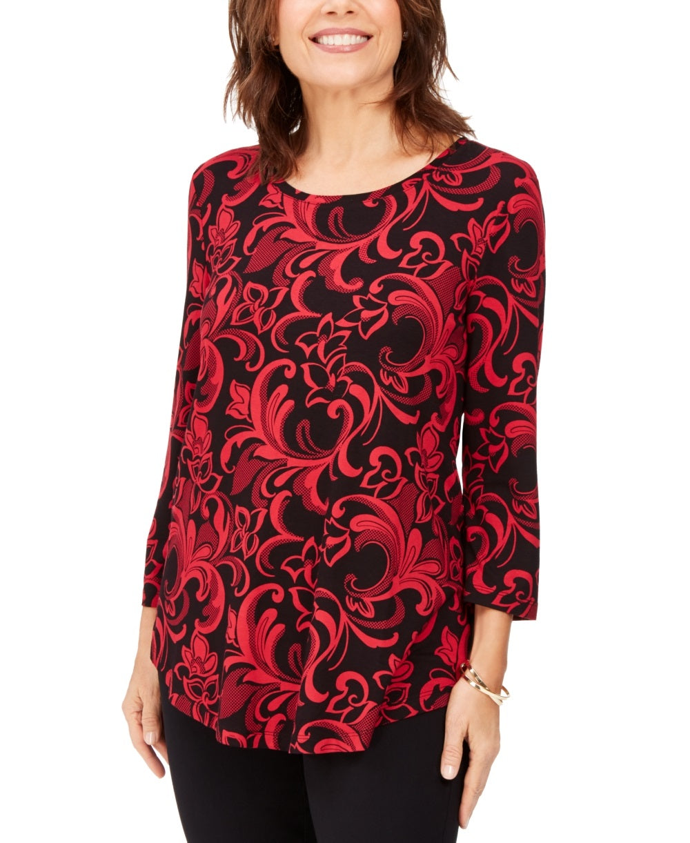 Camiseta feminina estampada manga 3/4 da coleção JM, vermelha, tamanho X-S