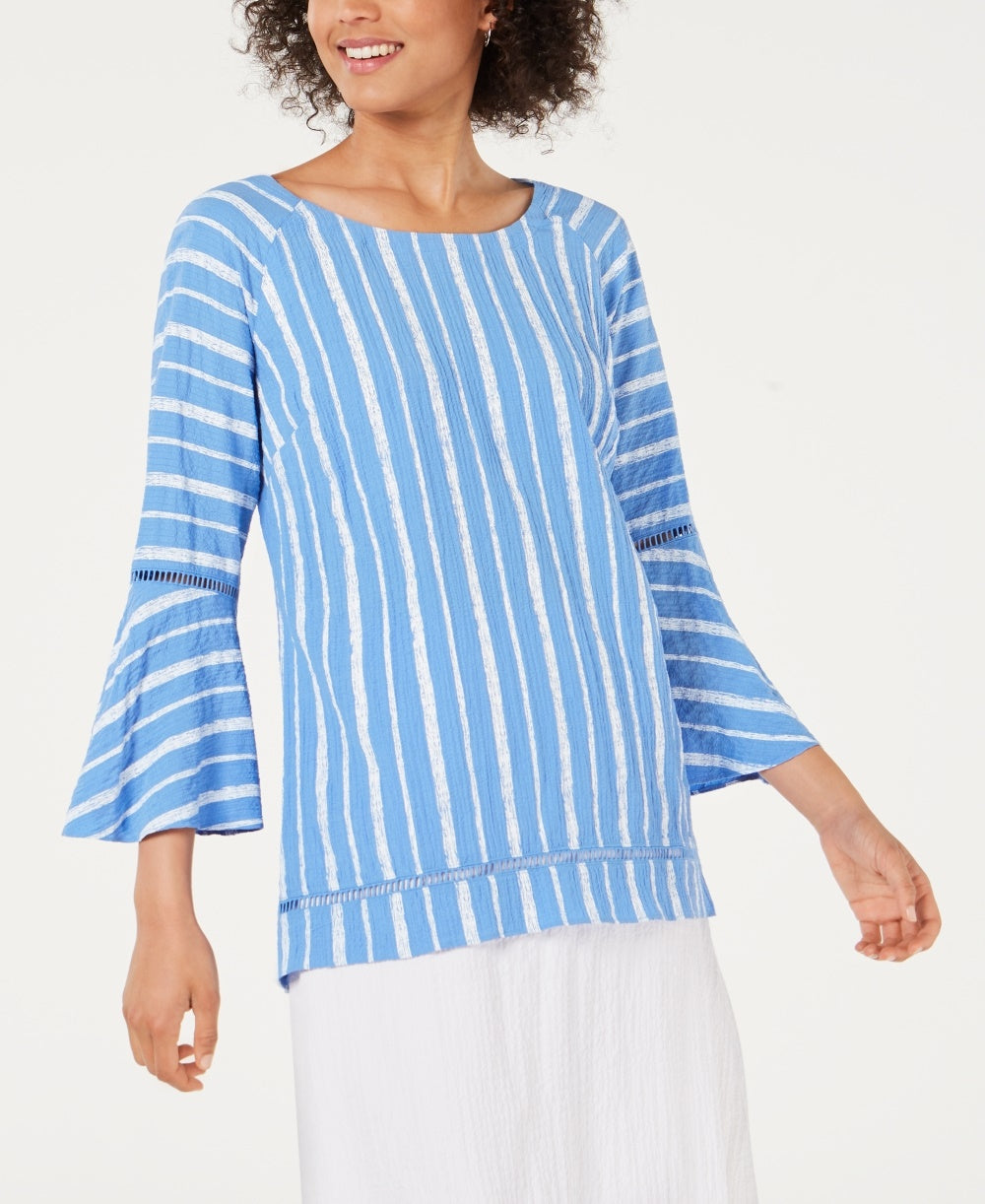 JM Collection Top feminino com manga sino e pregas, tamanho azul-marinho - PL