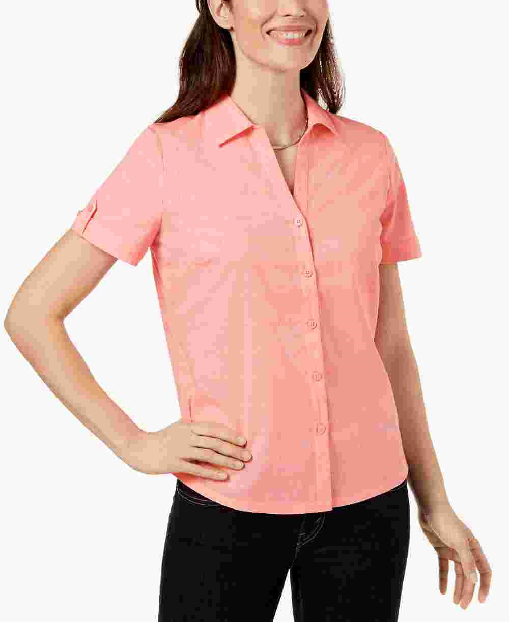 Camisa feminina Karen Scott Petite Cotton com ilhós, rosa, tamanho PS