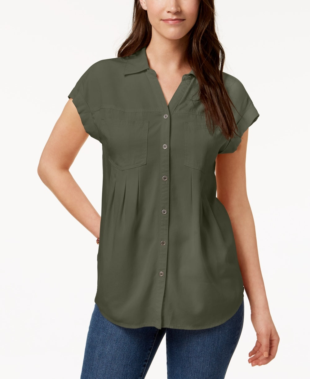 Blusa plissada com mangas e punhos Style &amp; Co feminina, verde, tamanho pequeno