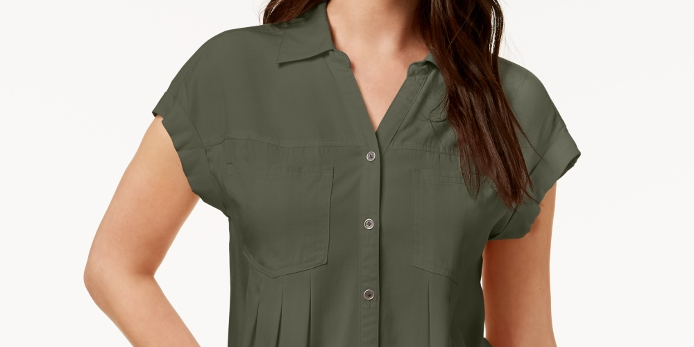 Blusa plissada com mangas e punhos Style &amp; Co feminina, verde, tamanho pequeno