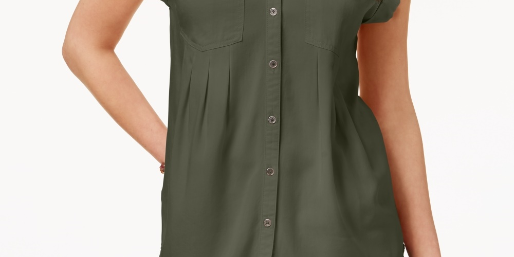 Blusa plissada com mangas e punhos Style &amp; Co feminina, verde, tamanho pequeno