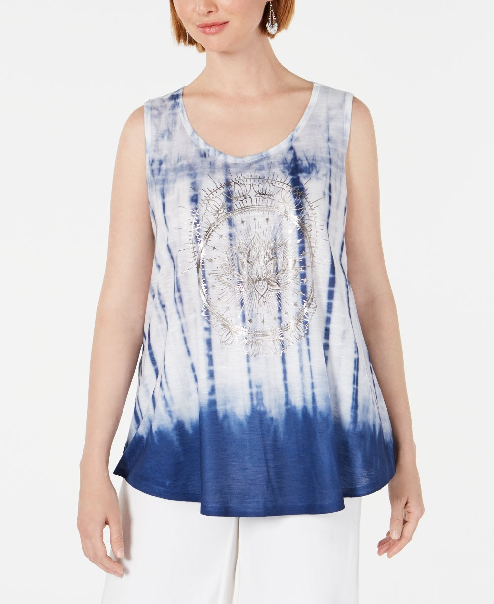 Blusa sem mangas com estampa tie-dye feminina Style &amp; Co, branca/azul-marinho, tamanho extragrande