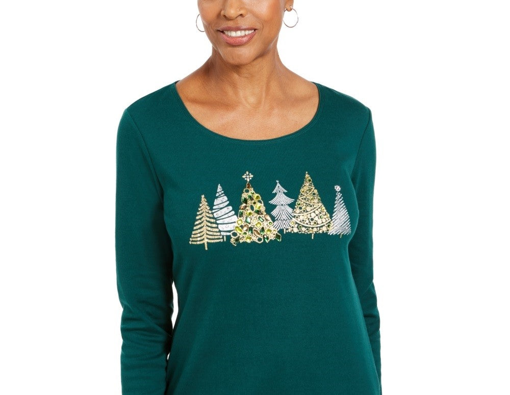 Blusa de algodão com detalhes Karen Scott para mulheres, verde, tamanho PL