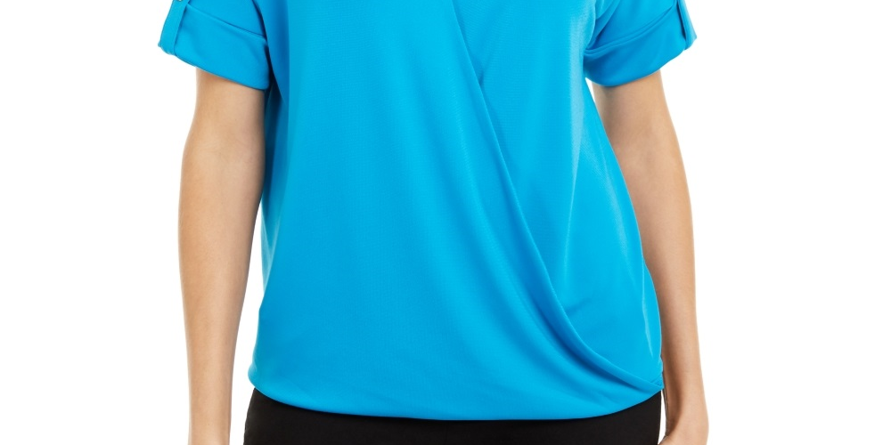 Blusa de malha com gola Alfani feminina, azul, tamanho pequeno, médio