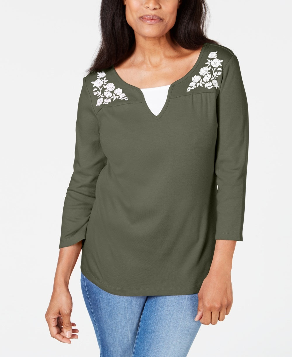 Blusa feminina Karen Scott de algodão bordado com efeito em camadas, verde, tamanho X-S