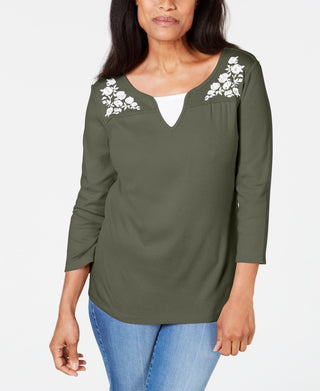 Blusa feminina Karen Scott de algodão bordado com efeito em camadas, verde, tamanho X-S