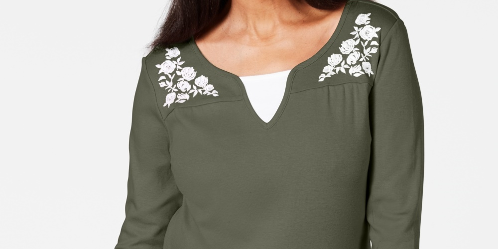 Blusa feminina Karen Scott de algodão bordado com efeito em camadas, verde, tamanho X-S