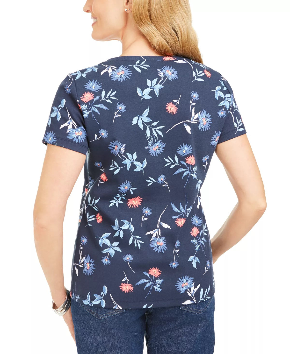 Karen Scott Blusa Henley Feminina Estampa Floral Manga Curta Azul Tamanho XS
