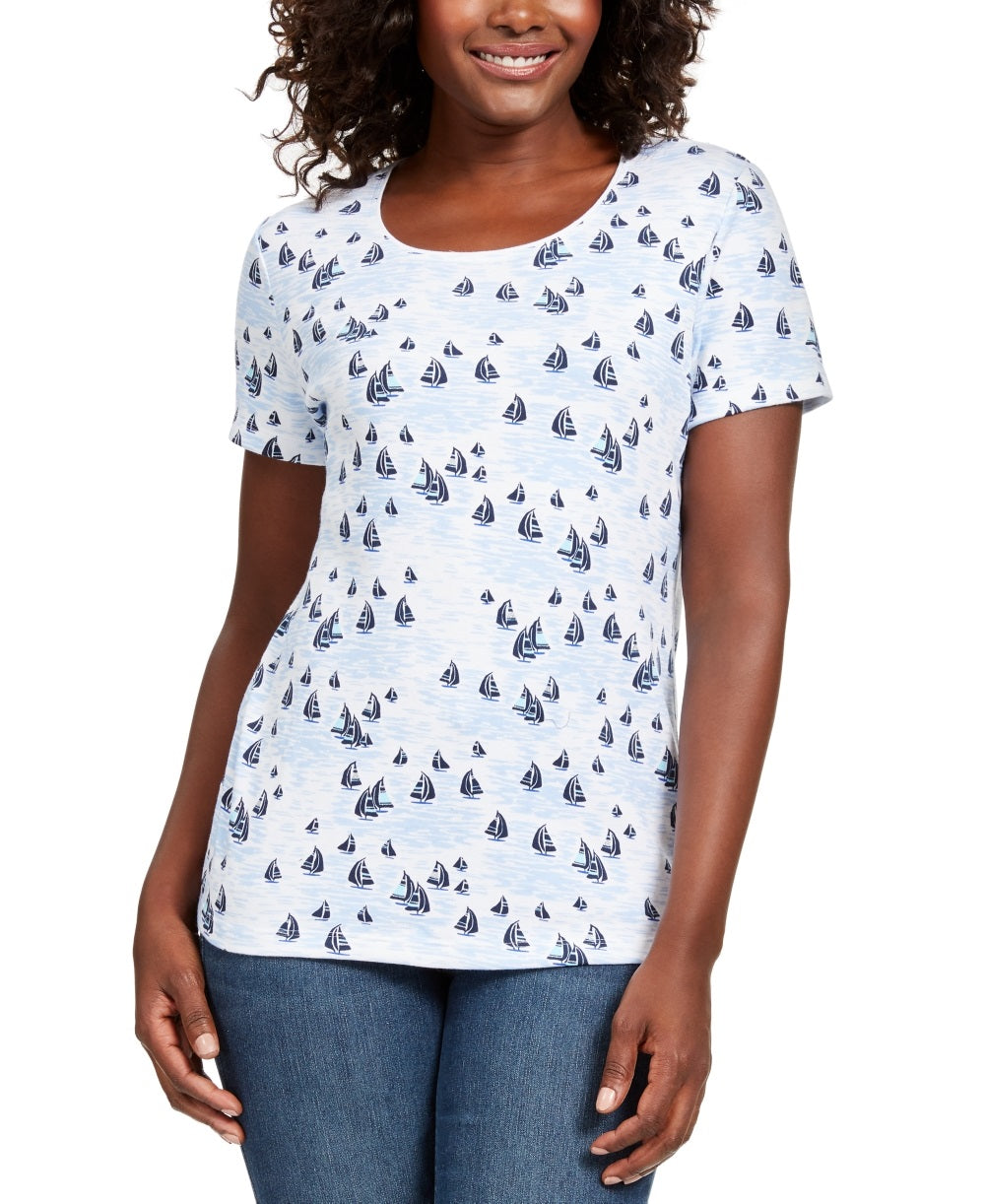 Camiseta feminina Karen Scott com decote redondo, branca, tamanho médio