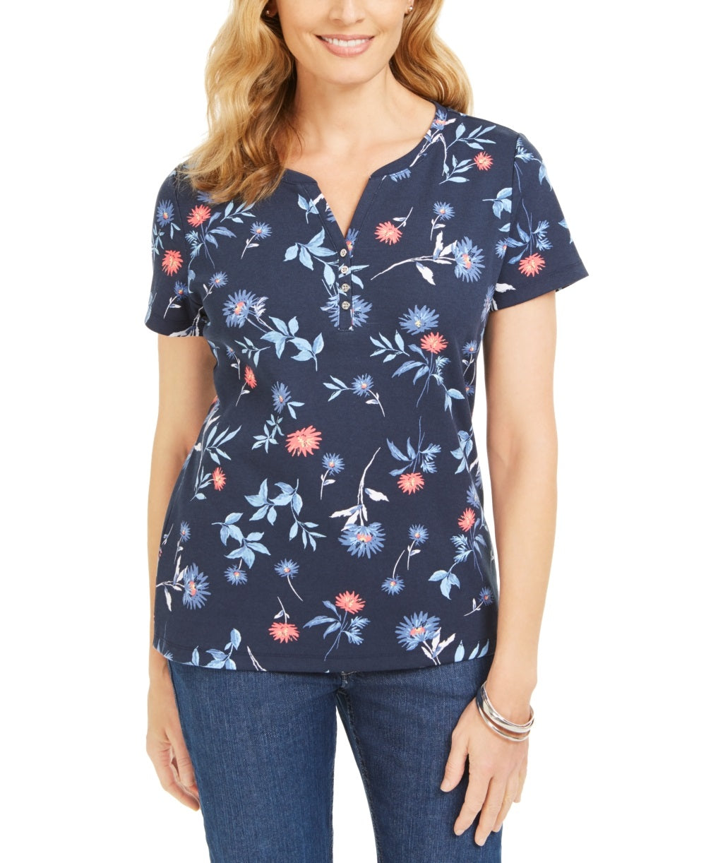 Karen Scott Blusa Henley Feminina Estampa Floral Manga Curta Azul Tamanho P