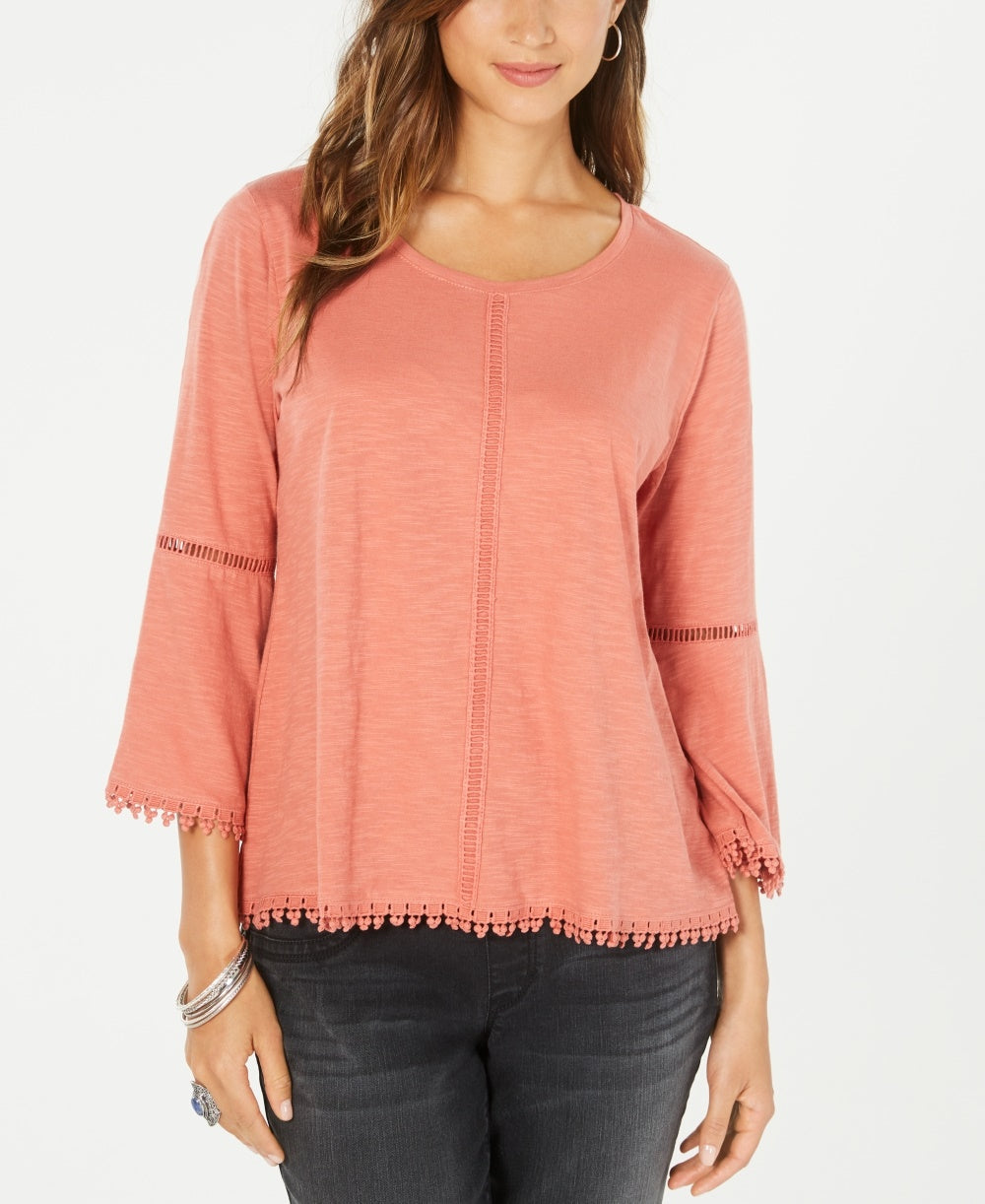 Blusa feminina estilo &amp; co com manga sino e acabamento em crochê laranja tamanho PP