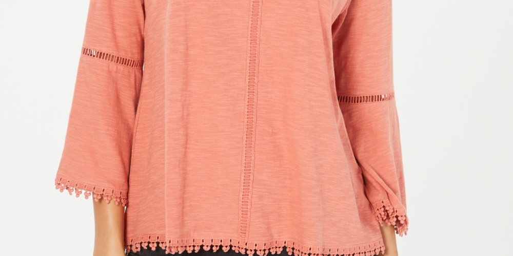 Blusa feminina estilo &amp; co com manga sino e acabamento em crochê laranja tamanho PP