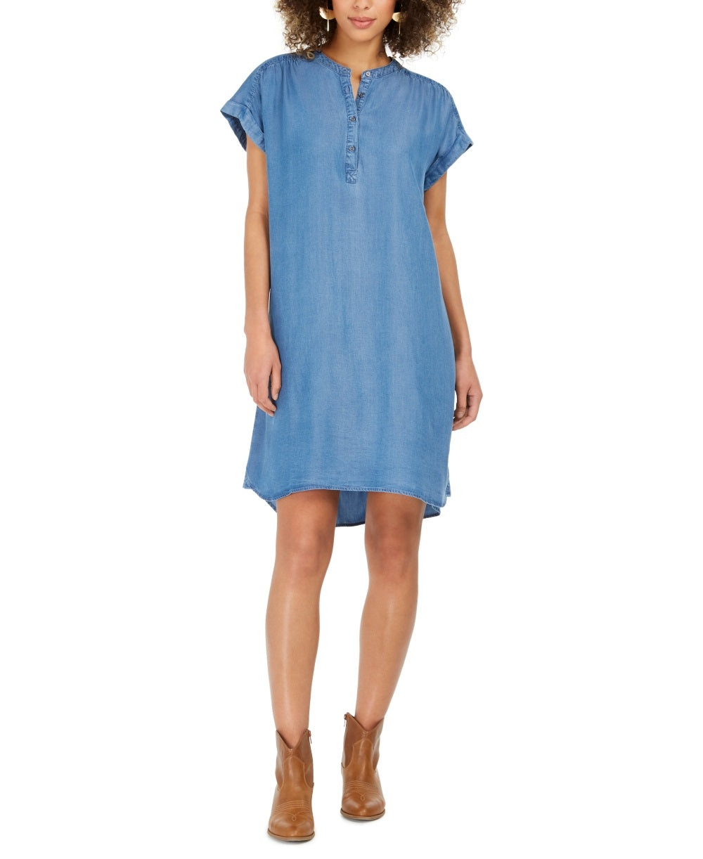 Vestido de camisa feminino estilo &amp; co, de cambraia, alto e baixo, azul, tamanho médio