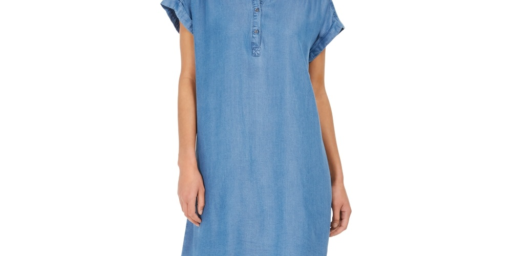 Vestido de camisa feminino estilo &amp; co, de cambraia, alto e baixo, azul, tamanho médio