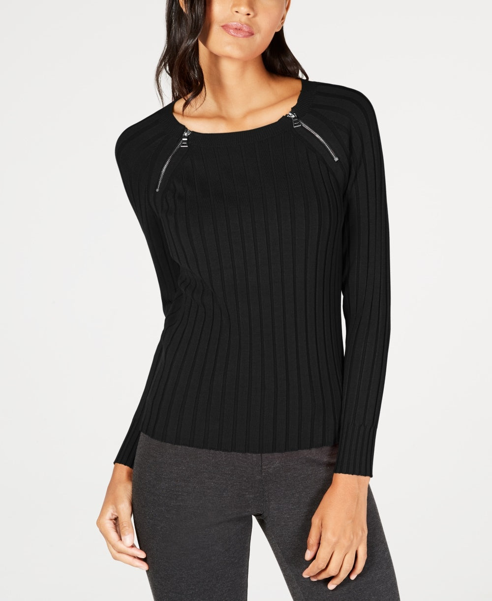 Suéter canelado feminino INC International Concepts Petite com zíper e detalhes, preto, tamanho PL