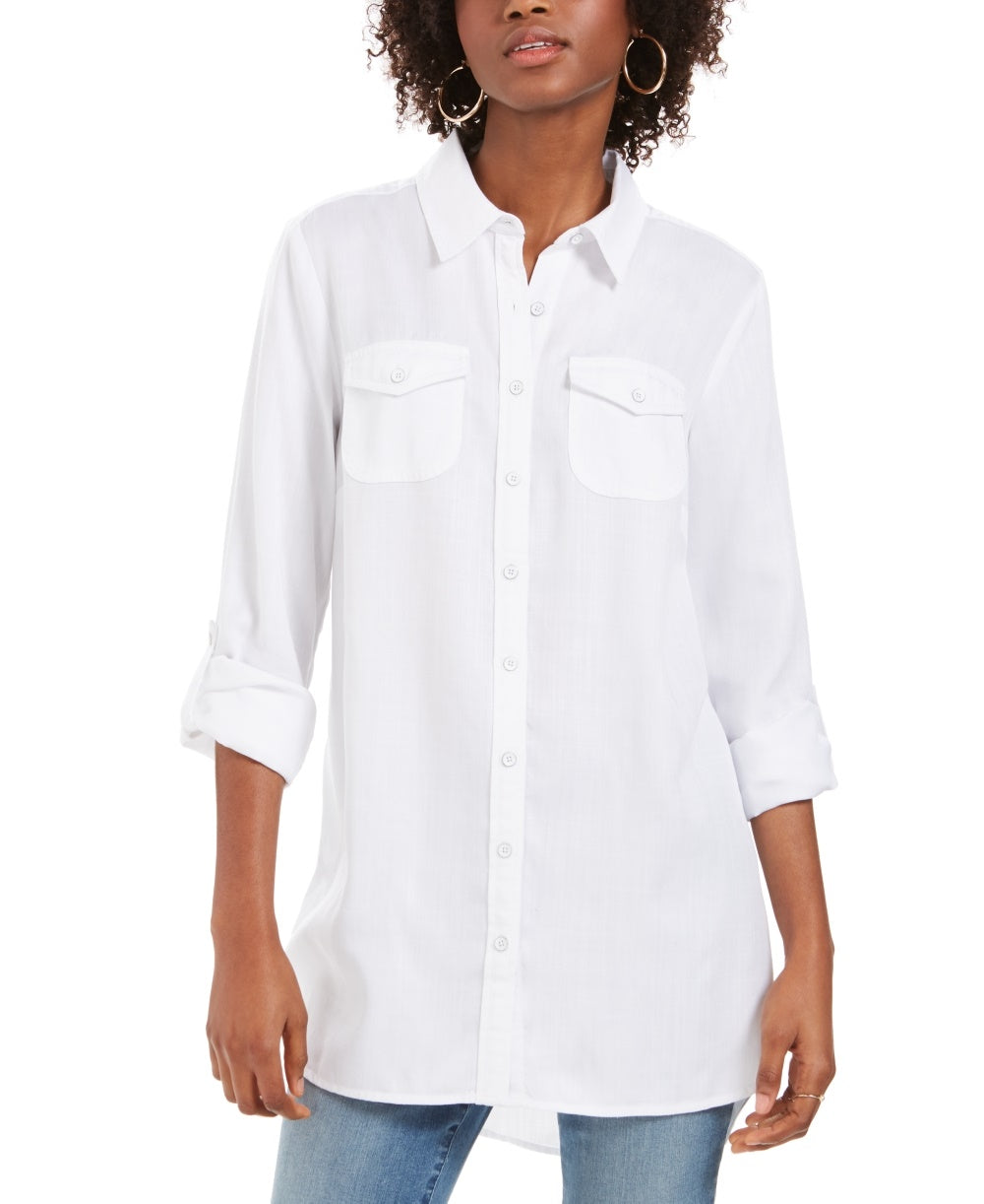 Túnica feminina alta e baixa, branca, tamanho X-S