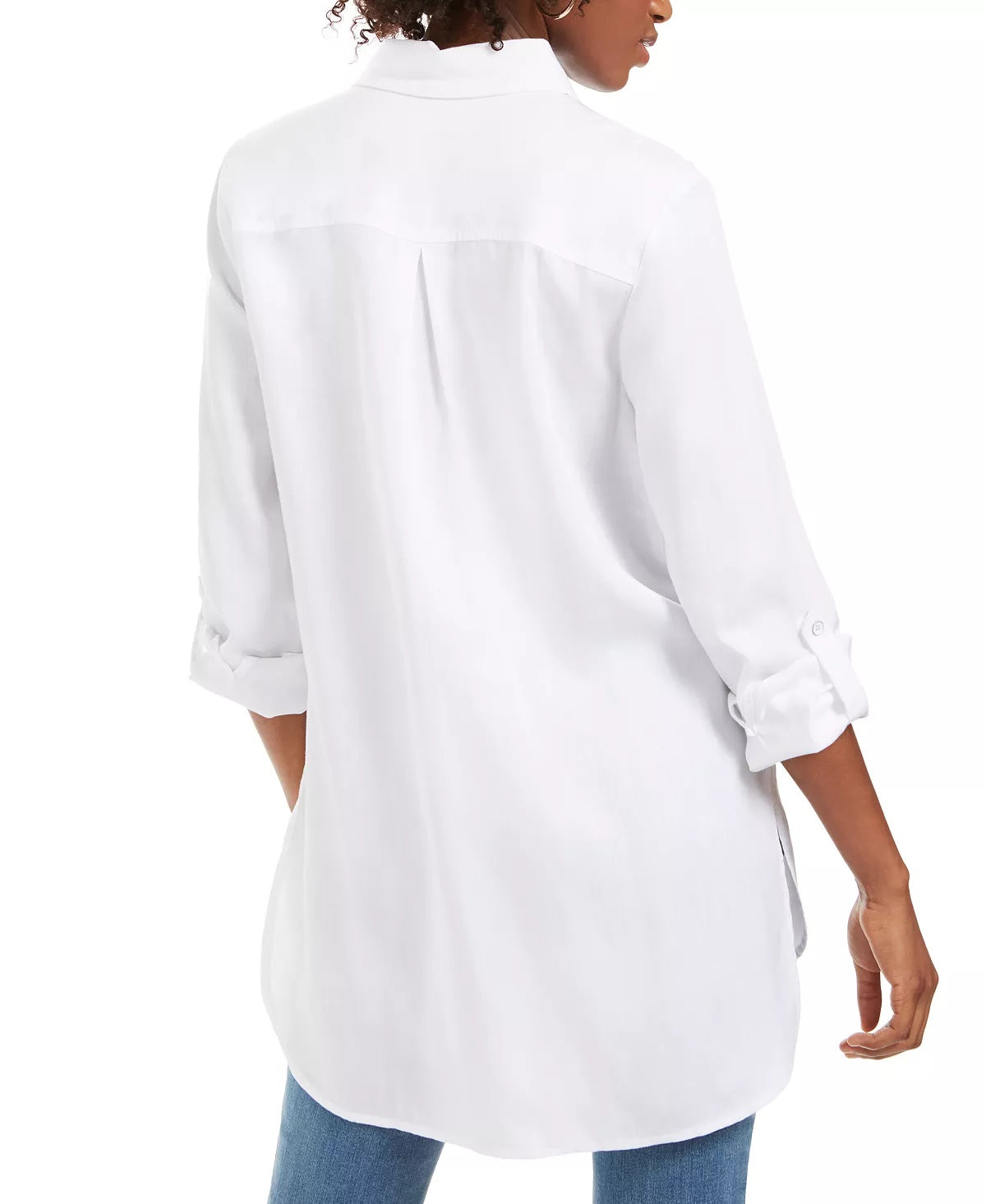 Túnica feminina alta e baixa, branca, tamanho X-S