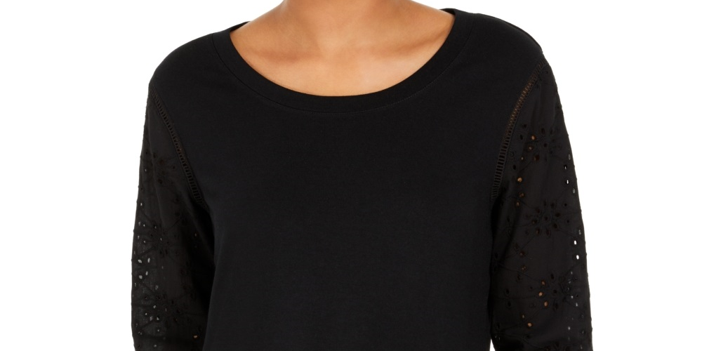 Blusa de algodão com manga ilhós feminina Style &amp; Co, preta, tamanho pequeno