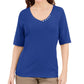 Blusa feminina Karen Scott com decote em V e detalhes em botões, azul, tamanho grande
