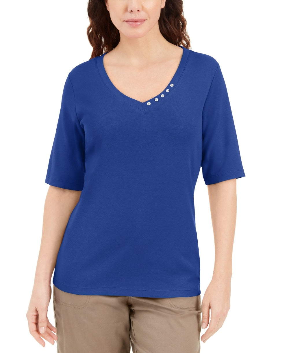 Blusa feminina Karen Scott com decote em V e detalhes em botões, azul, tamanho grande
