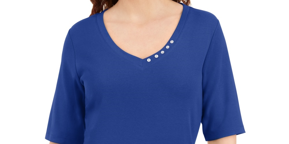 Blusa feminina Karen Scott com decote em V e detalhes em botões, azul, tamanho grande