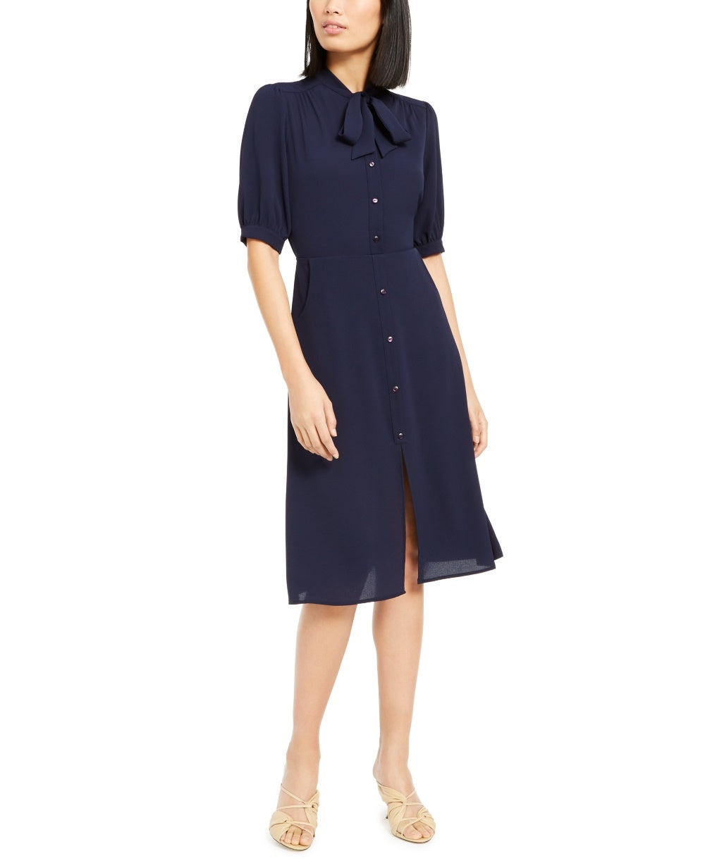 Vestido-camisa feminino Monteau com gola amarrada, azul, tamanho extragrande