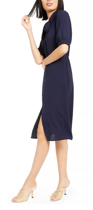 Vestido-camisa feminino Monteau com gola amarrada, azul, tamanho extragrande