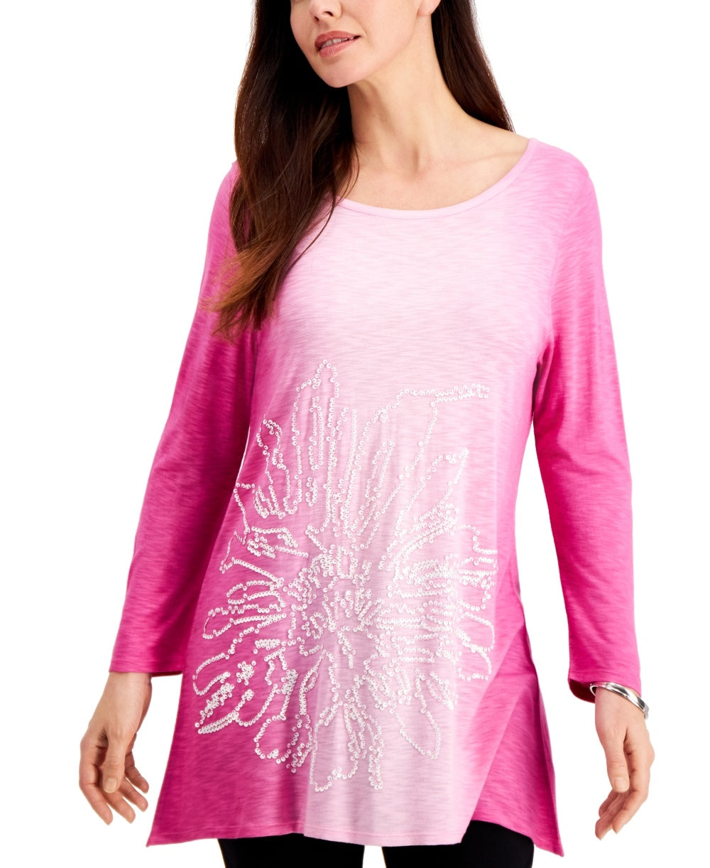 JM Collection Top Feminino com Lantejoulas Ombré e Bainha Assimétrica Rosa Tamanho XS