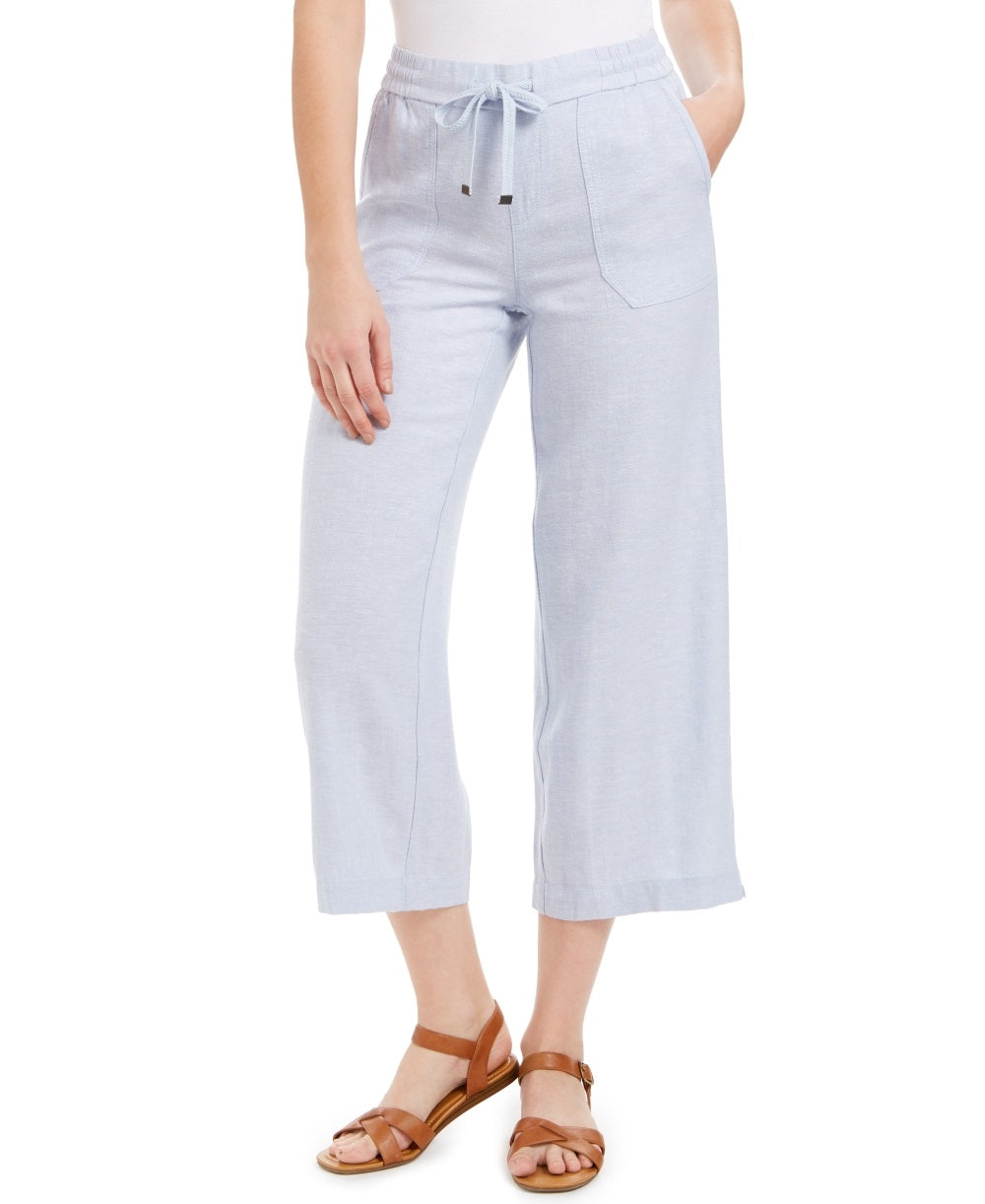 Calça cropped feminina estilo &amp; co, de linho, perna larga, azul, tamanho extrapequeno