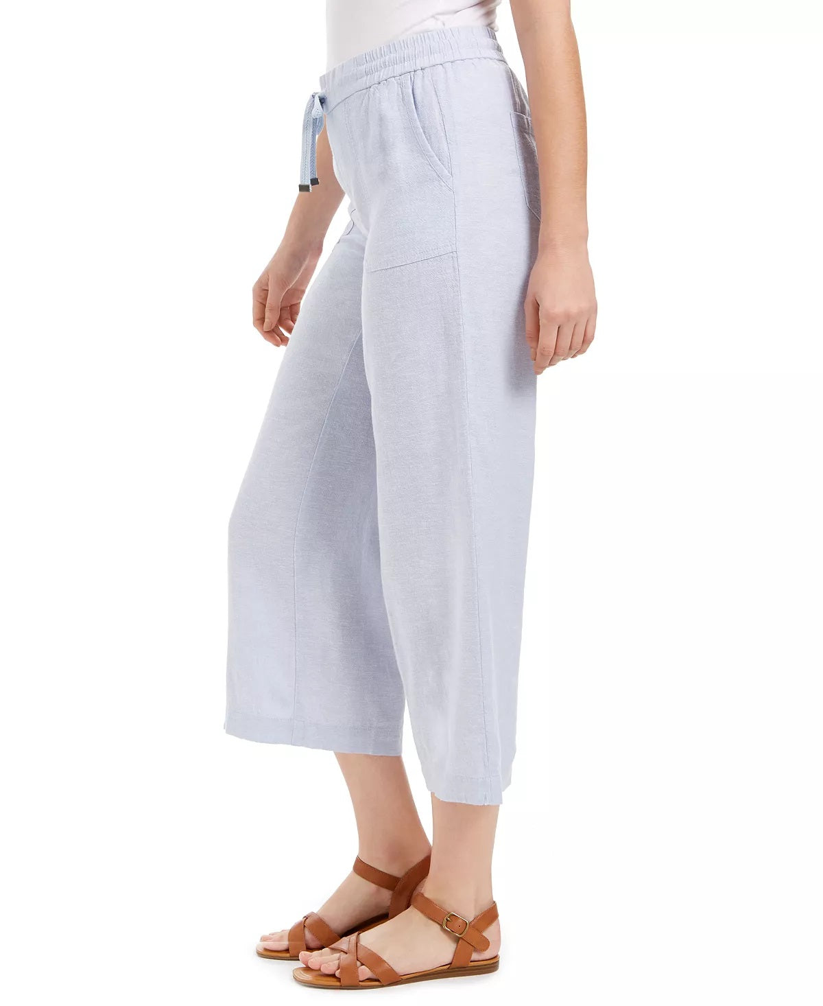 Calça cropped feminina estilo &amp; co, de linho, perna larga, azul, tamanho extrapequeno