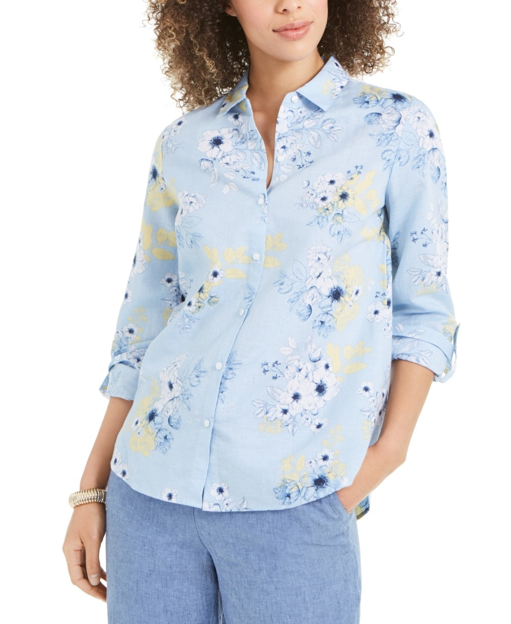 Camisa feminina Charter Club com estampa floral em mistura de linho, azul, tamanho médio