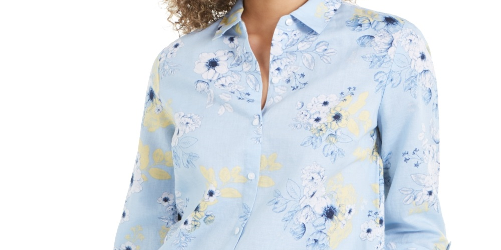 Camisa feminina Charter Club com estampa floral em mistura de linho, azul, tamanho médio