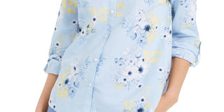 Charter Club Women's Floral Print Linen Blend Shirt Blue Size Medium
