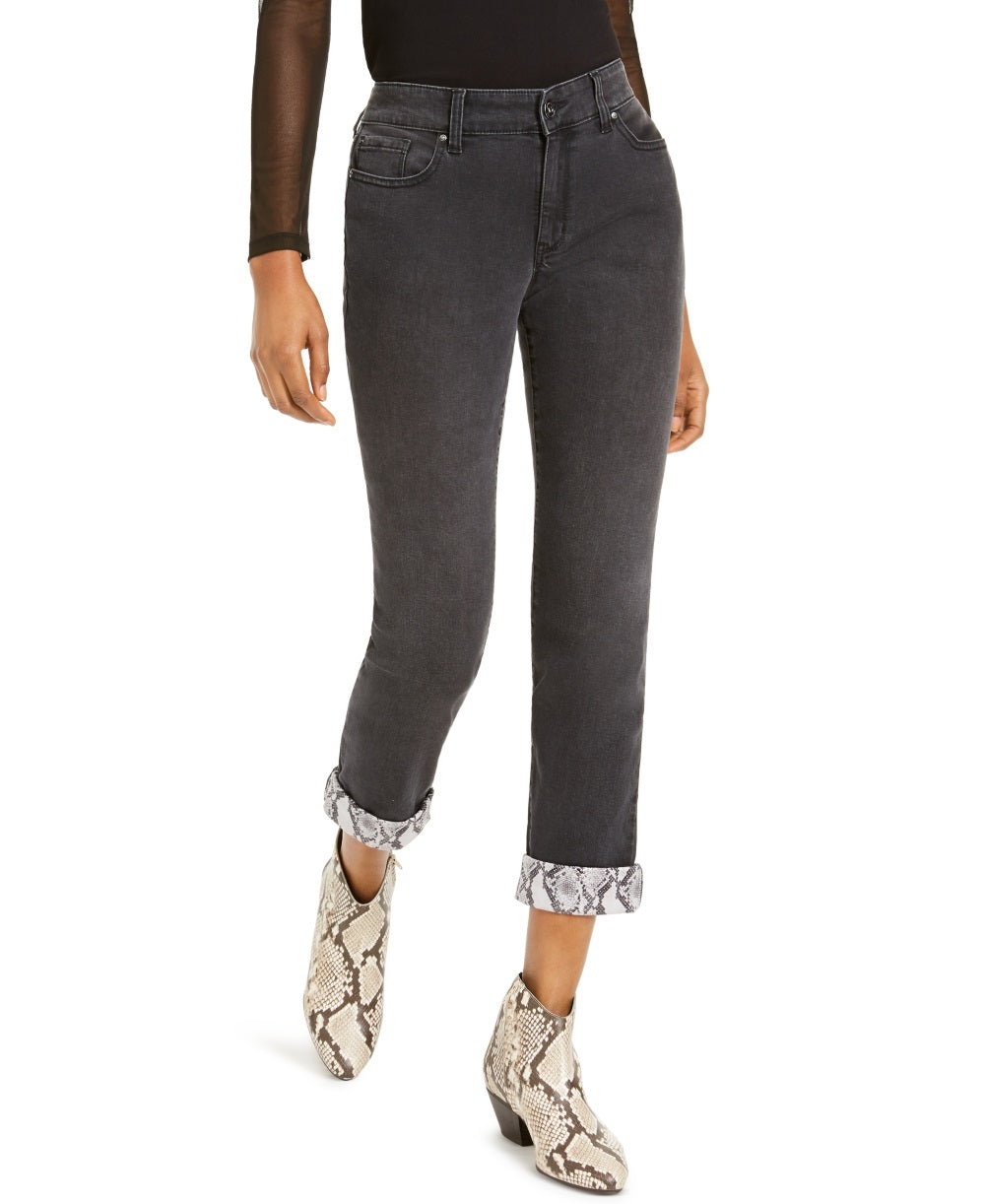 Calça jeans feminina estilo boyfriend, com punho de cobra, preta, tamanho 2, da INC International Concepts