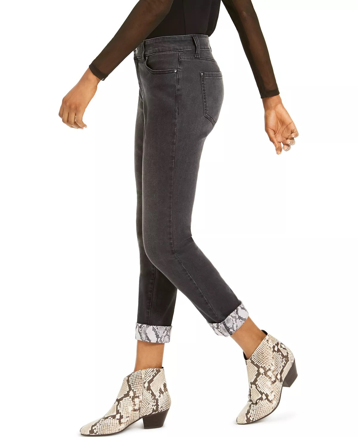 Calça jeans feminina estilo boyfriend, com punho de cobra, preta, tamanho 2, da INC International Concepts