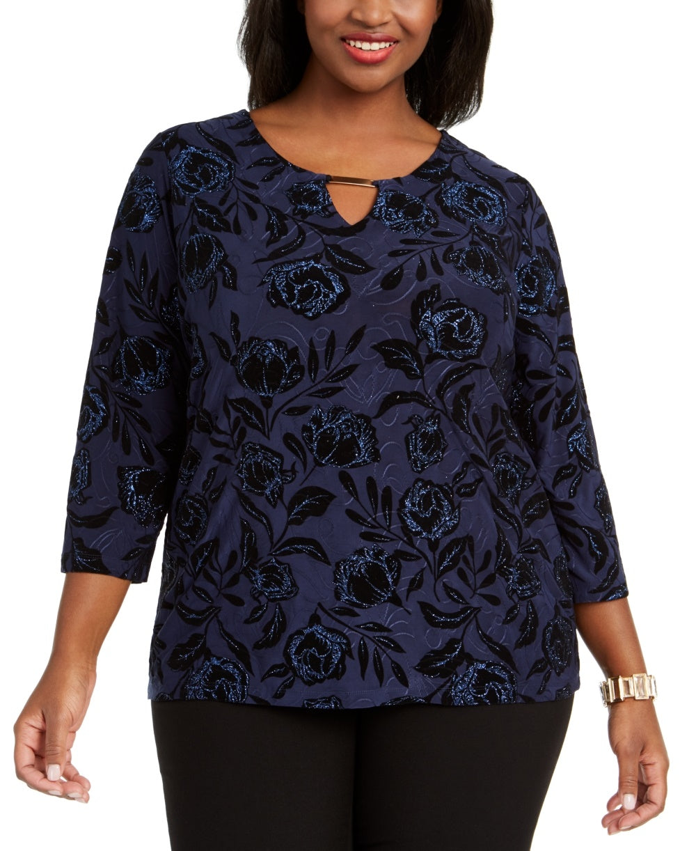 JM Collection Top feminino plus size de veludo com glitter e jacquard azul-marinho, tamanho 1X