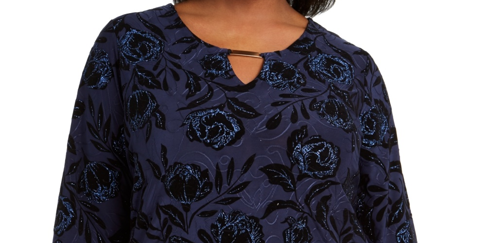 JM Collection Top feminino plus size de veludo com glitter e jacquard azul-marinho, tamanho 1X