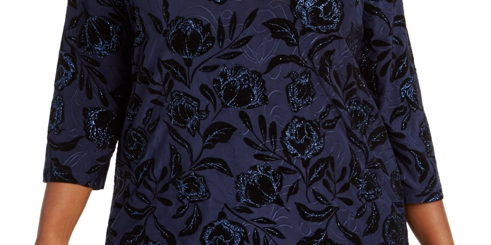 JM Collection Top feminino plus size de veludo com glitter e jacquard azul-marinho, tamanho 1X