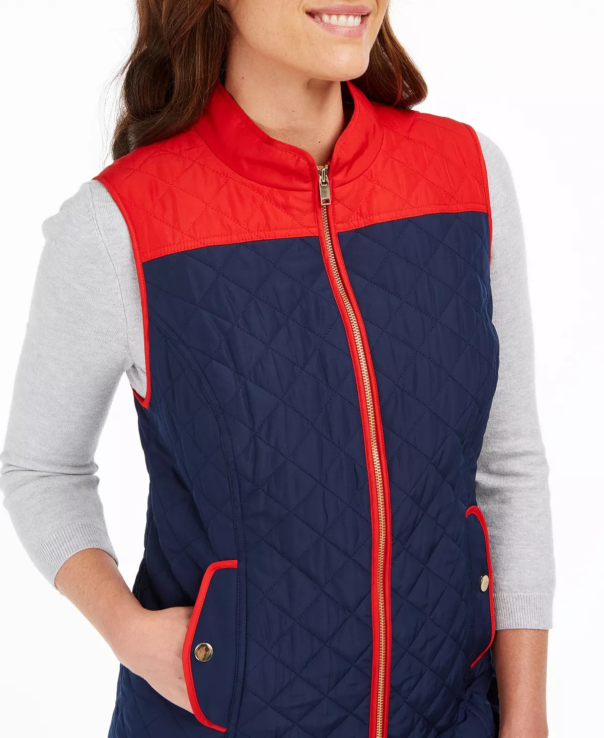 Colete acolchoado feminino Charter Club com blocos de cores, azul, tamanho pequeno