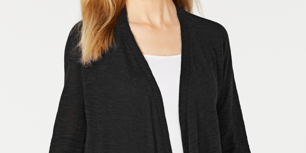 Cardigan feminino Alfani Petites de linho com frente aberta, preto, tamanho PS