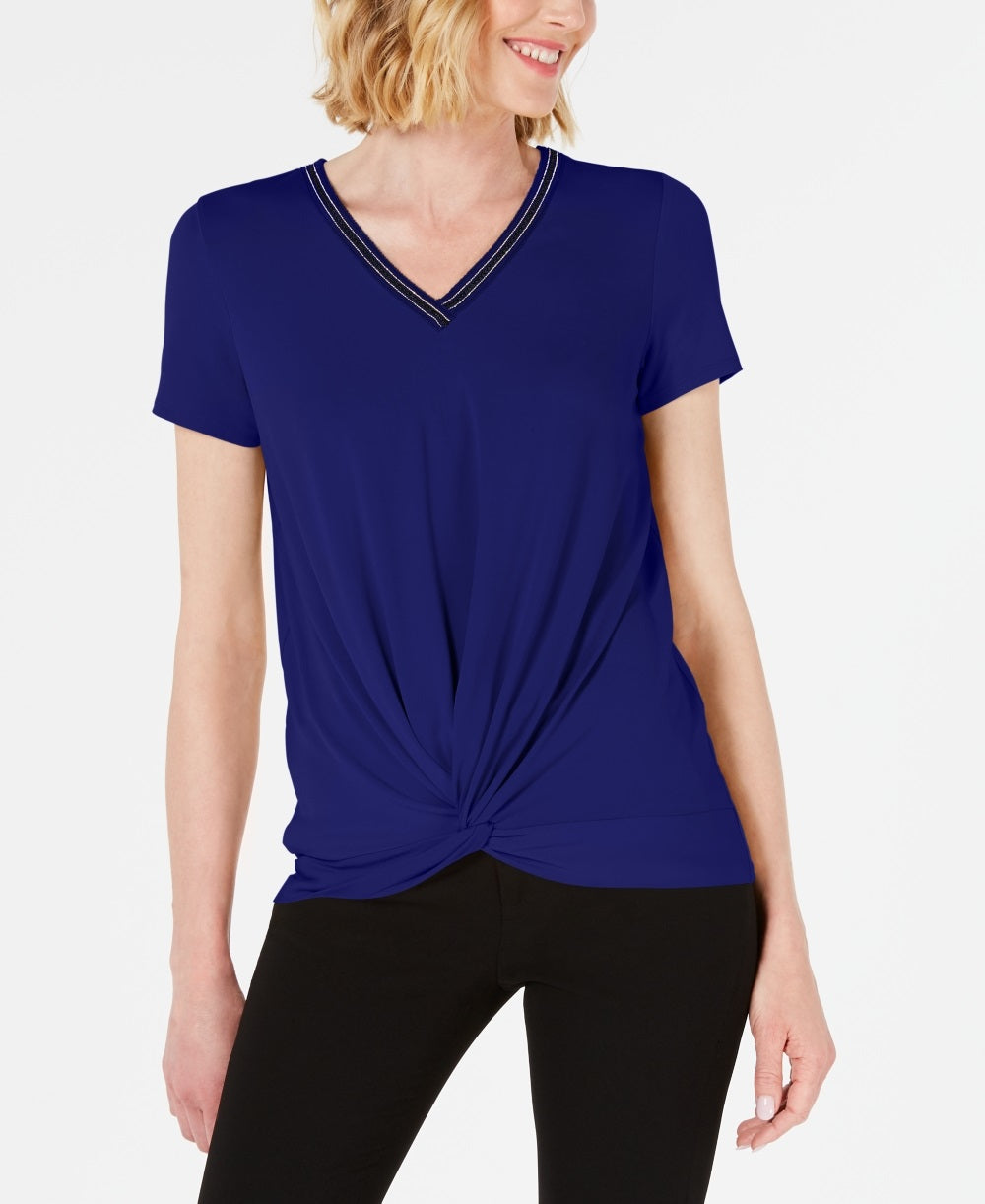 JM Collection Top Feminino com Frente Torcida e Enfeites Azul Tamanho Pequeno Pequeno